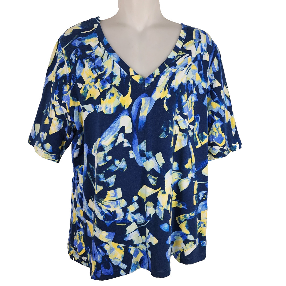 Chico's Womens Top V Neck 2 US L Short Sleeve Blue Yellow Abstract Brushstroke